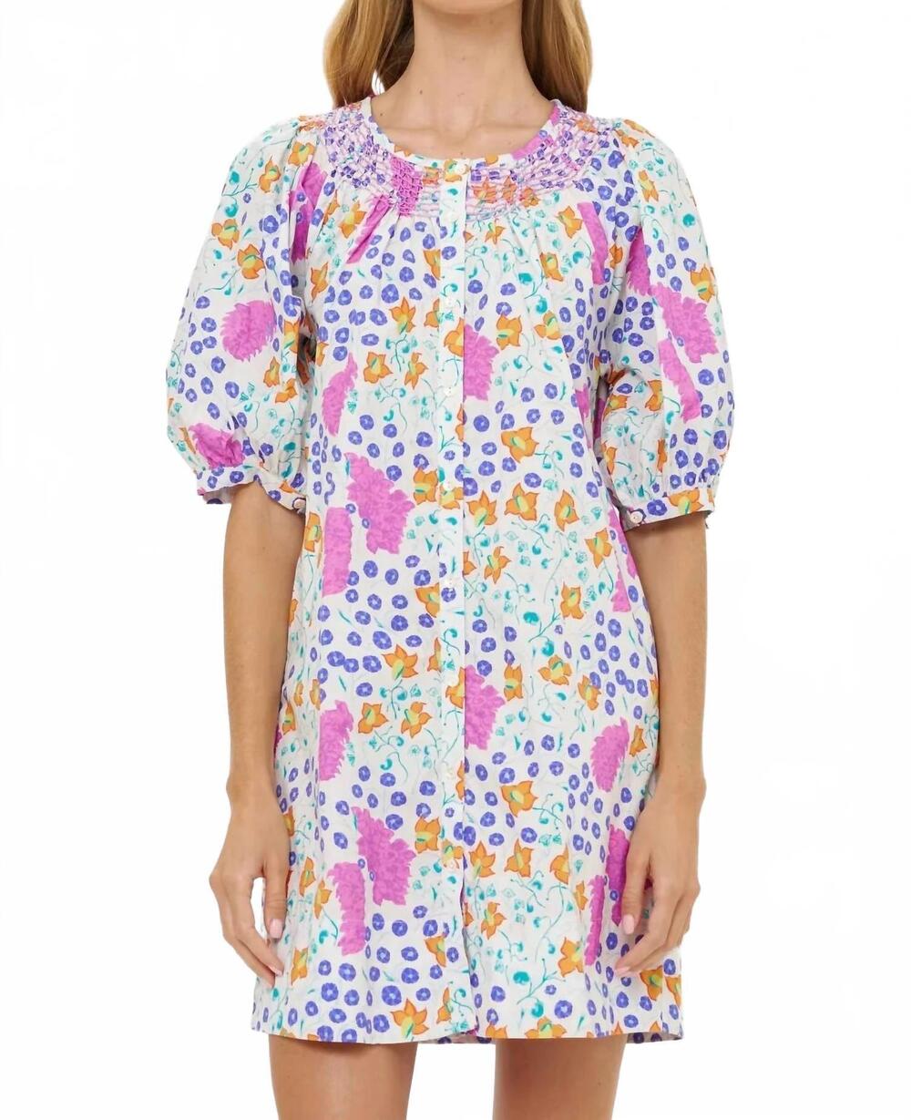 NEW OLIPHANT embroidered button mini dress in fleur lilac